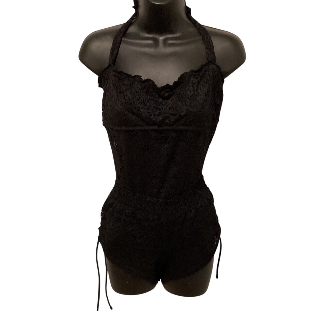Mossimo Black‎ Crochet Lace Halter One Piece Swimsuit Romper Shorts Cover Up M